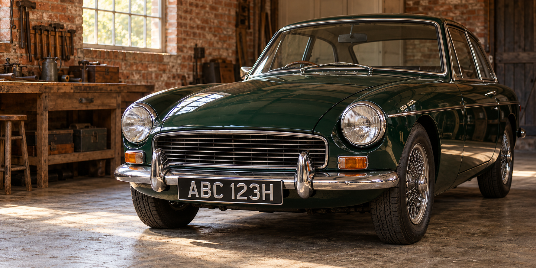 Classic dark green coupe in a heritage garage with a complete black plate displaying ABC 123H in silver characters
