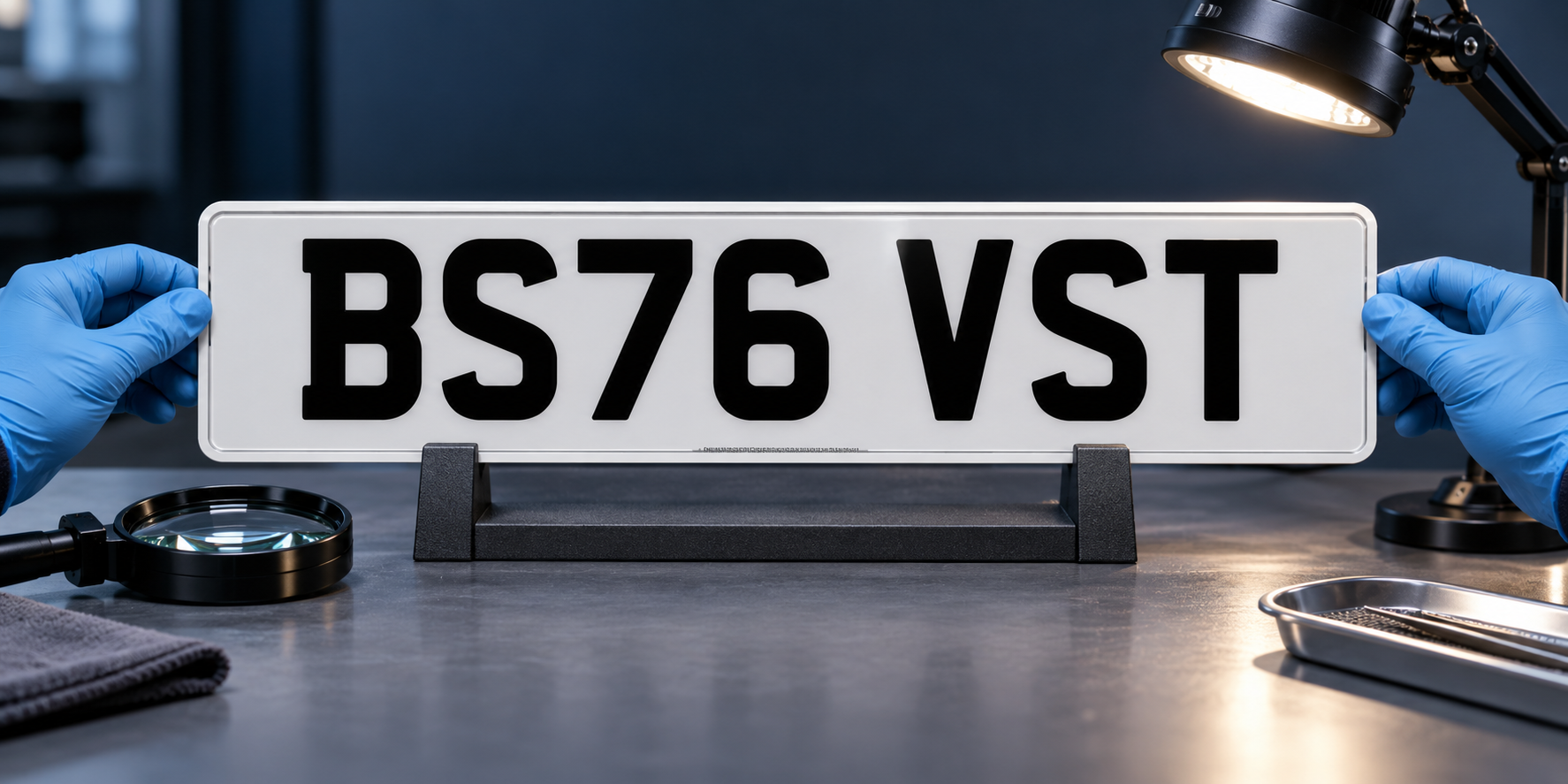 Blue-gloved hands inspecting a complete white BS76 VST number plate on a studio stand