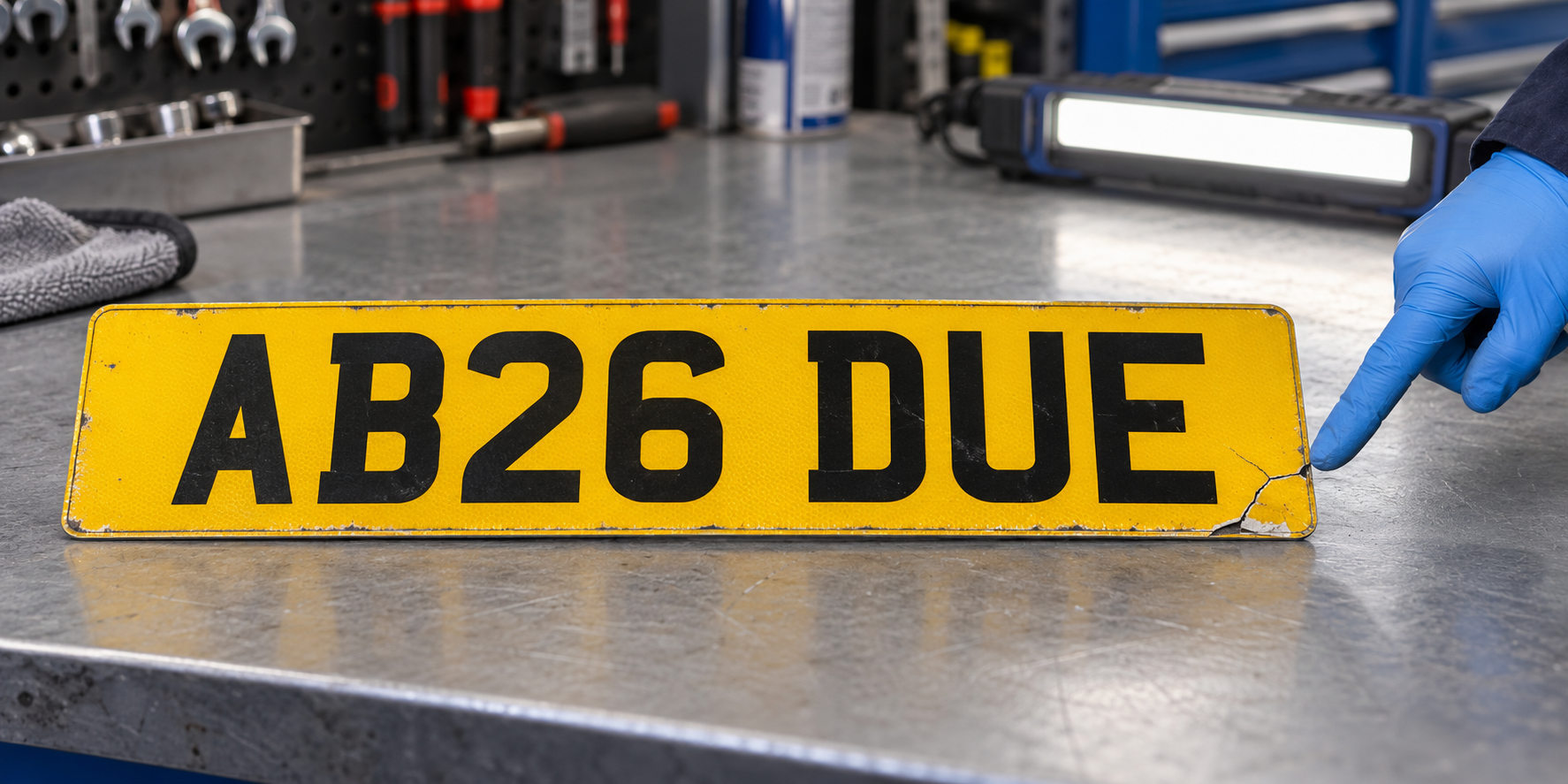 Mechanic pointing to a cracked lower corner on a complete yellow AB26 DUE rear number plate