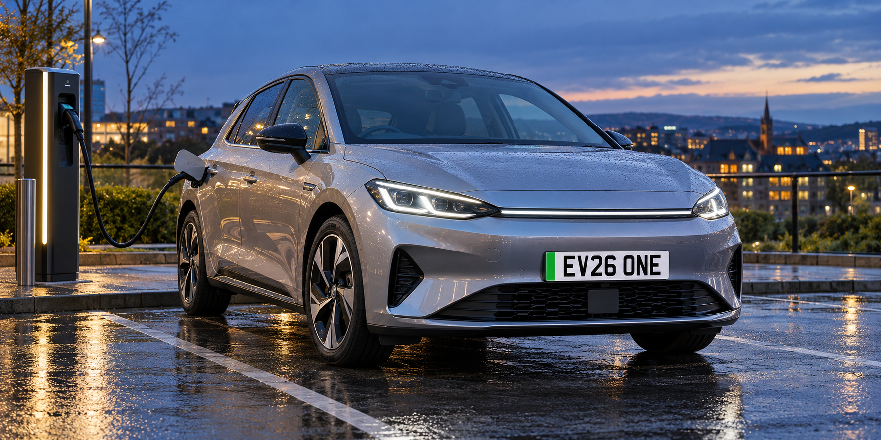 Silver zero-emission car at a charging bay with a complete white EV26 ONE front plate and green flash