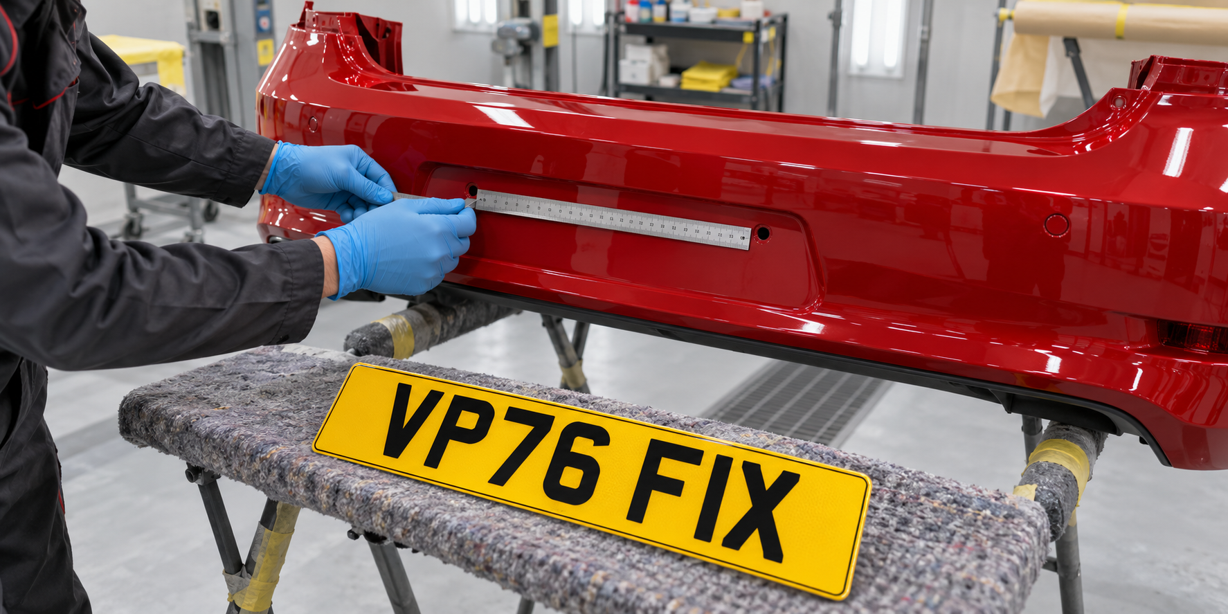 Freshly painted red rear bumper being measured between its mounting holes beside a complete yellow VP76 FIX number plate on a padded stand