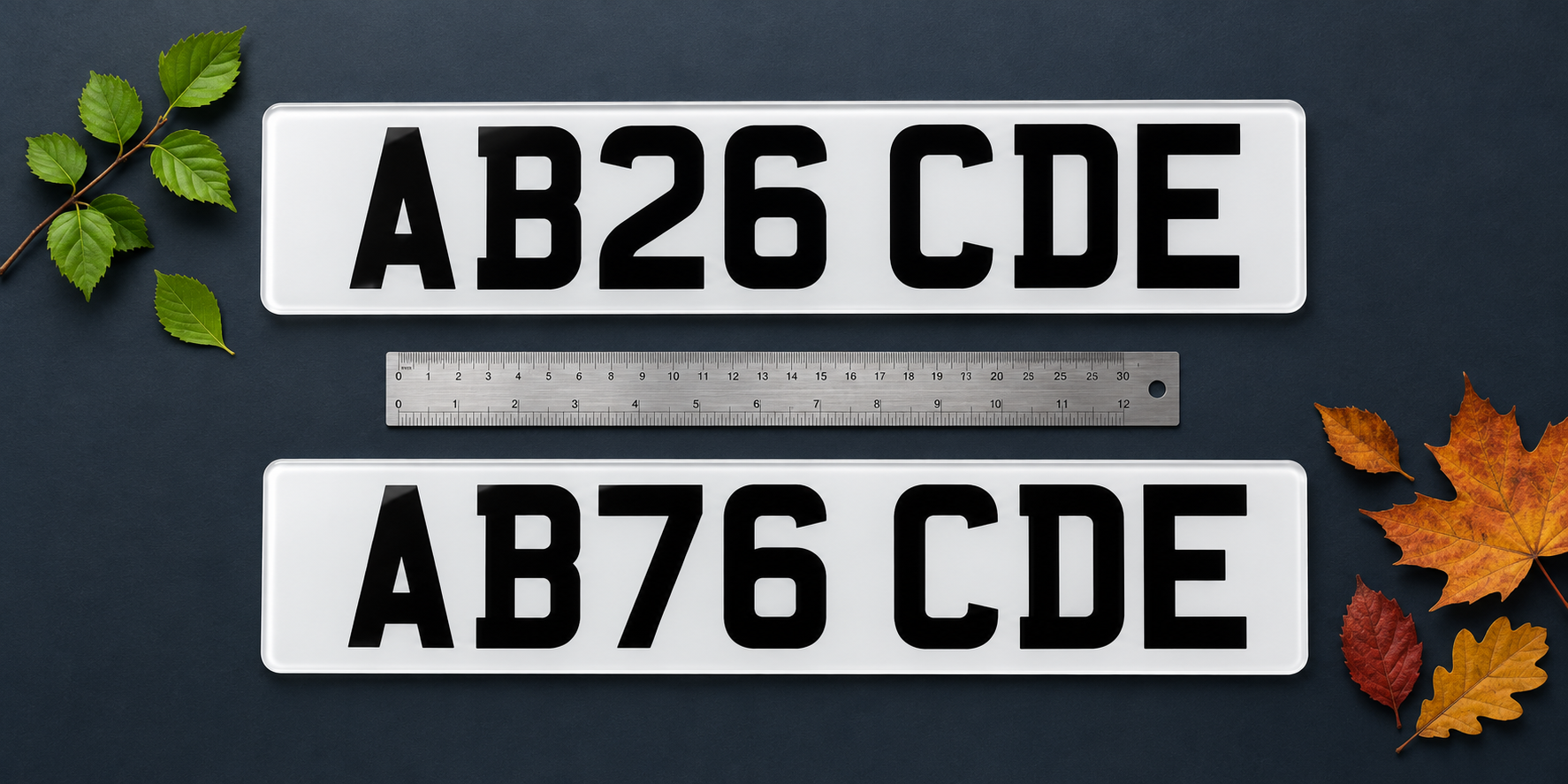 Two complete white UK plates displaying AB26 CDE and AB76 CDE beside spring and autumn leaves