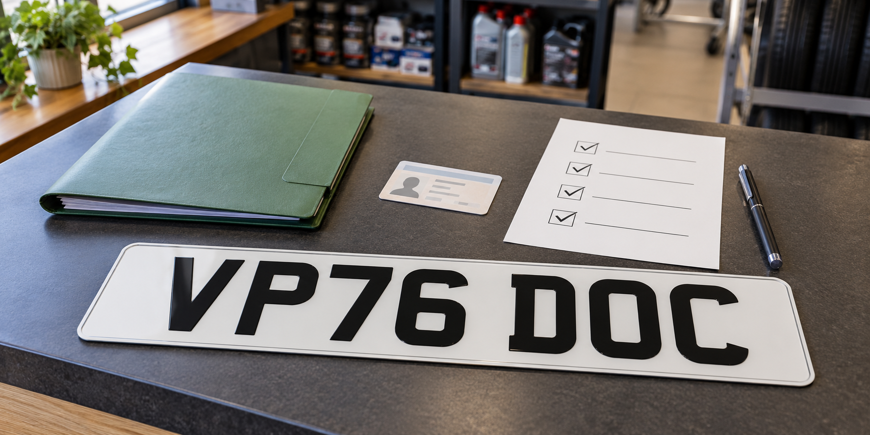 Complete white VP76 DOC number plate beside a green folder, blank identity card and document checklist on a supplier counter