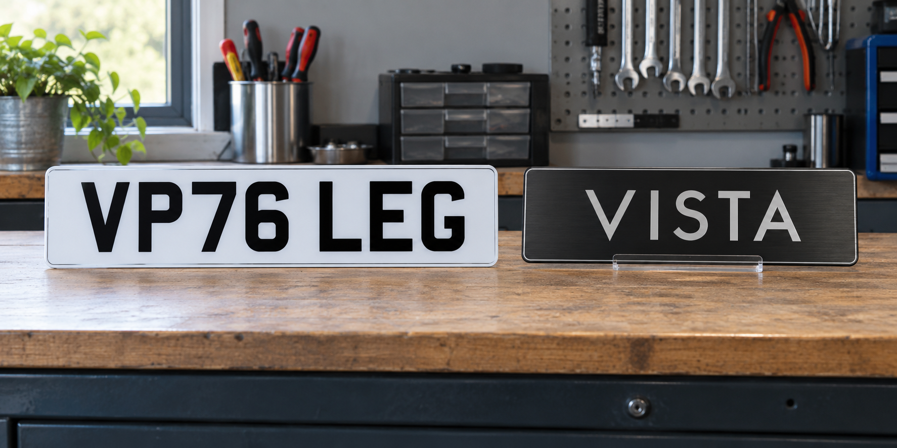 Complete white VP76 LEG road-use style plate beside a complete dark VISTA display plaque on a tidy workshop bench