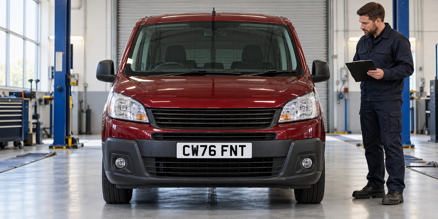 Front of a dark red van in an inspection bay with a complete white CW76 FNT number plate