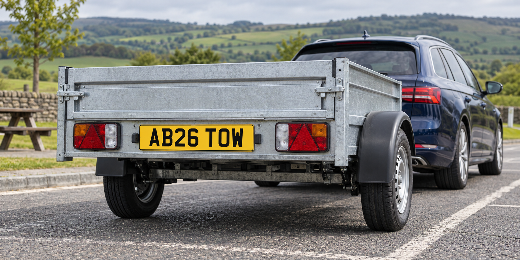 Silver trailer hitched to a blue estate car with a complete yellow AB26 TOW rear number plate