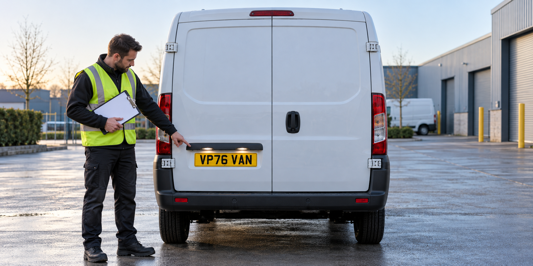 Rear of a plain white panel van with its complete yellow VP76 VAN plate visible while a driver carries out a walkaround check