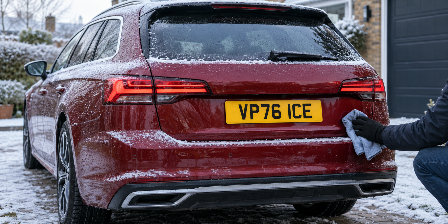 Dark red estate car on a frosty driveway with its complete yellow VP76 ICE rear plate clean and visible beside a gloved hand holding a microfibre cloth
